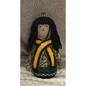 Handmade Folk Art Doll Black Hair Yellow Black Green Sweater Hat Scarf